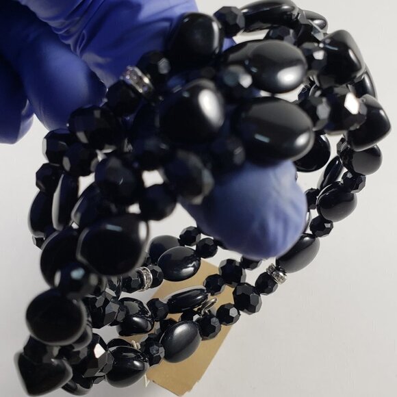 ERICA LYONS, Women's Stunning Silver tone & Black Beaded Coil/Wrap Bracelet, 7" - Picture 4 of 4